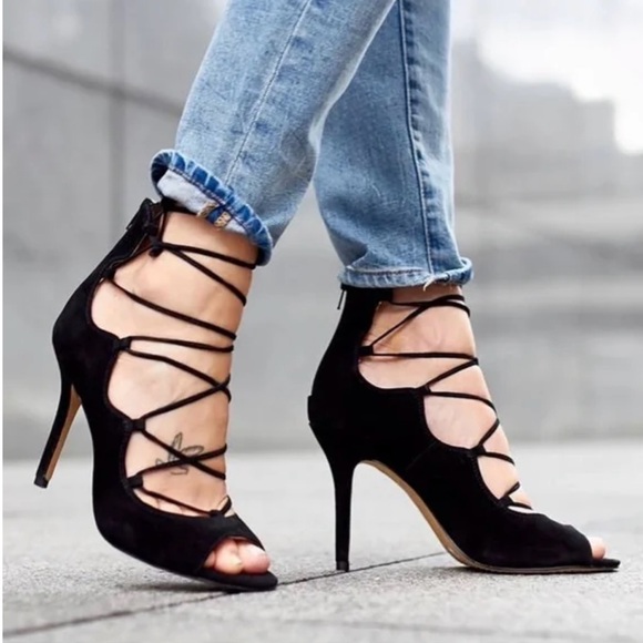 Vince Camuto Sandria Black Suede Open Toe Lace Up Heels, size 5.5 - Picture 1 of 8
